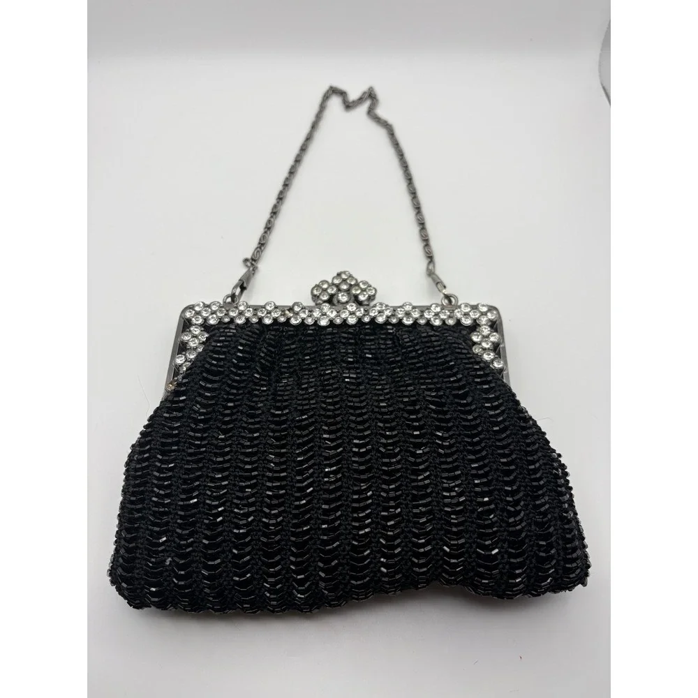 Vtg Black Beaded Evening Bag Rhinestone Frame Kiss Lock Clutch Gunmetal Chain